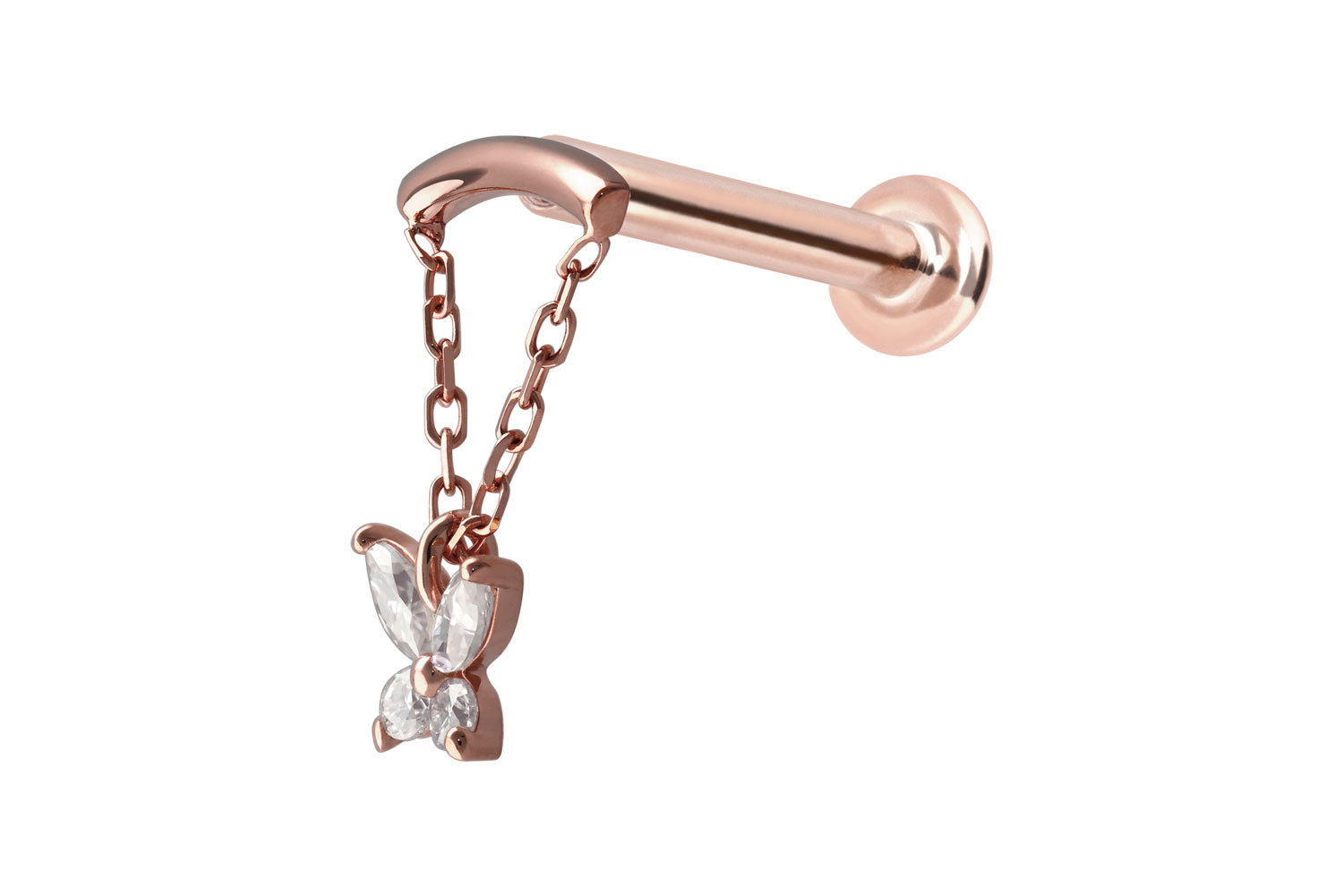 14 Karat Gold Labret Piercing mit Push Fit MOISSANIT-SCHMETTERLING + BOGEN + KETTE